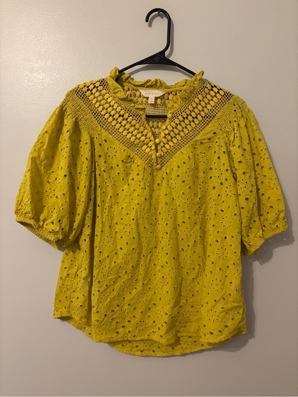 Adiva Eyelet Crochet Yoke Blouse in Mustard